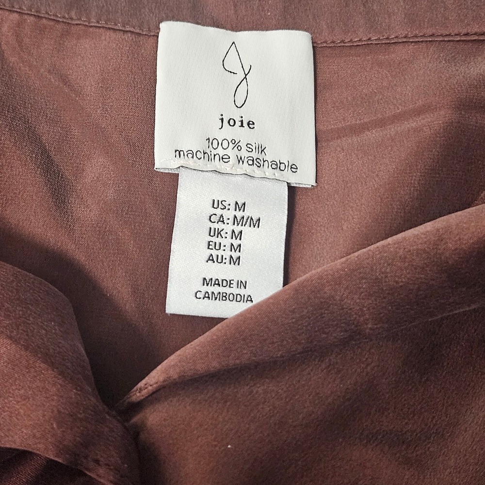 Joie Silk Button Front Blouse Copper Brown Long Sleeve Notched Collar Washable M - Picture 8 of 9